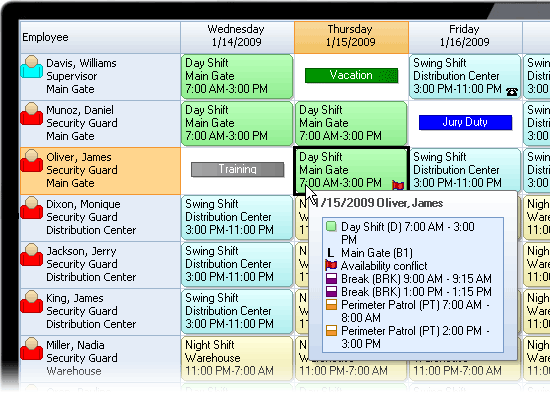 Scheduling security guards in Daily view.